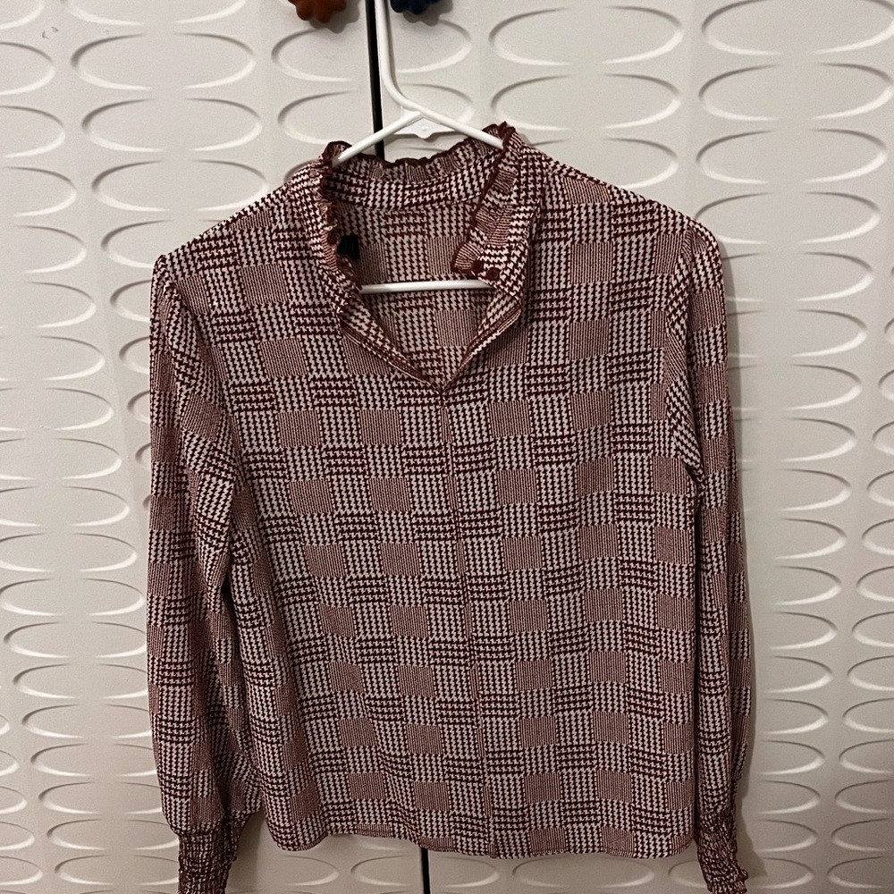 Forever 21 Burgundy & Cream  Checkered Long Sleeved Blouse w/ Ruffles, Small